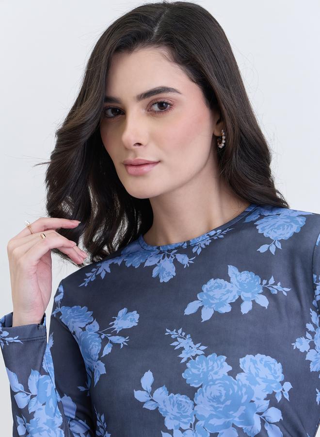 Styli Navy Blue Floral Print A-Line Midi Dress - Image 4